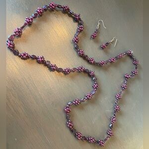 Vintage Bohemian Opera Length Garnet Cluster Necklace and Earring Set